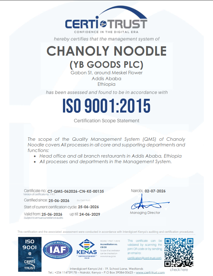 ISO 9001:2015 Certificate — Chanoly Noodle (YB Goods PLC), issued by Certi-Trust, valid 25 June 2026 to 24 June 2029